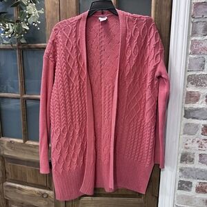 Chicos Cardigan Size 2 L Coral Cable Knit Sweater Wool Cashmere Cotton Blend
